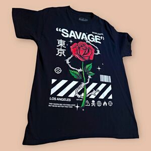 Popular Poison Men's Savage Rose Graphic T-Shirt Black Sz M Crew Neck Cotton